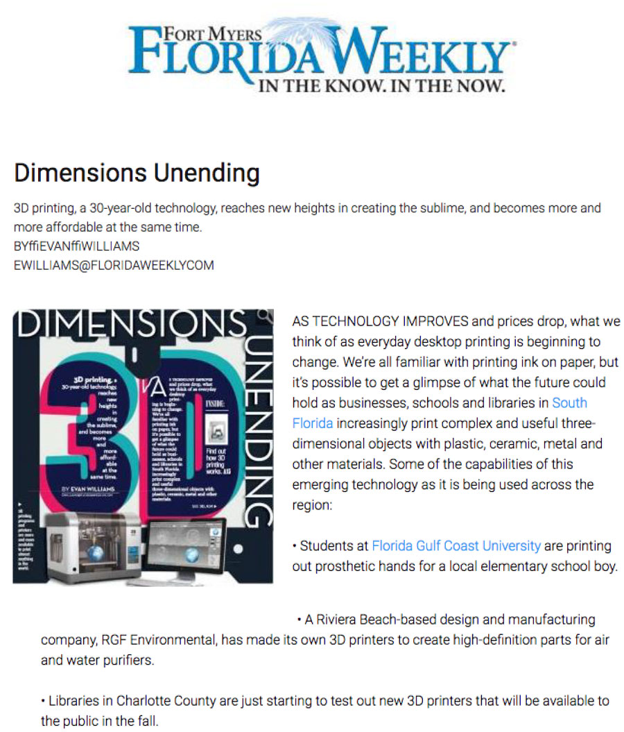 Florida Weekly article about 3-D printers